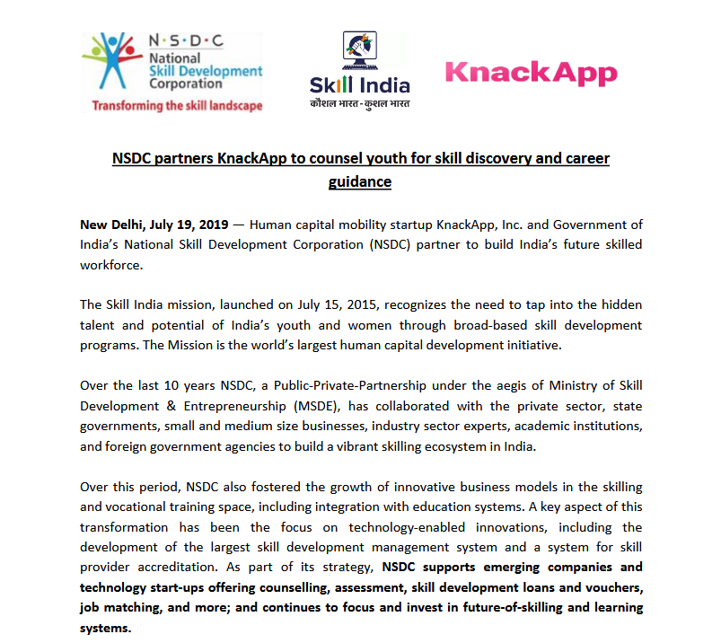 NSDC Partners KnackApp to counsel youth for skill discovery and career guidance